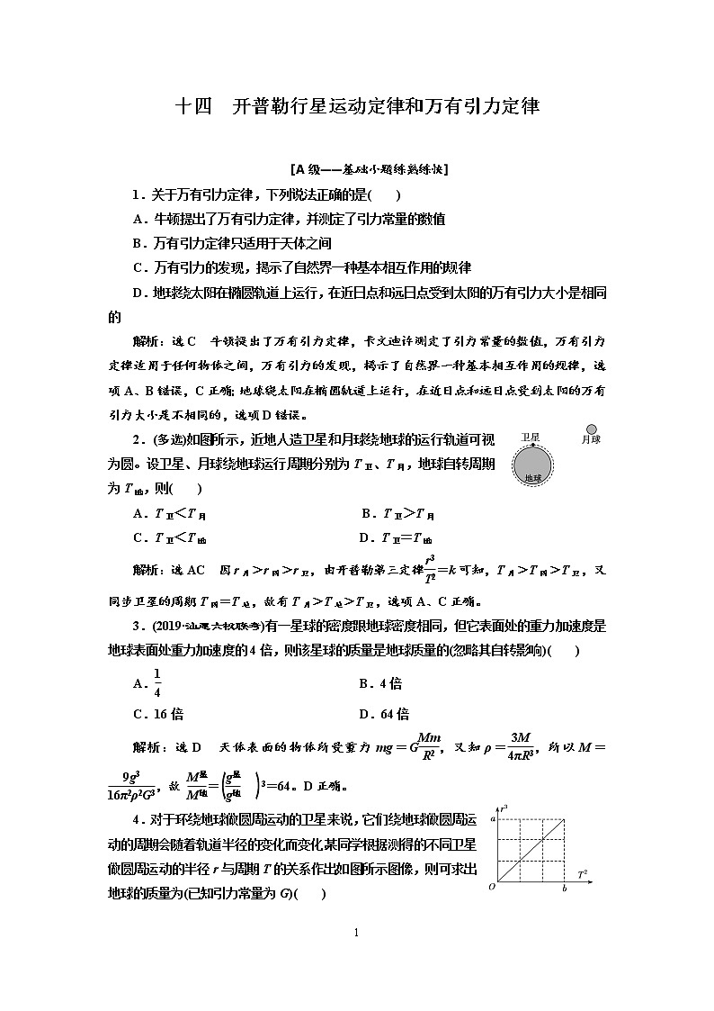 2020新课标版物理高考一轮复习质量检测 十四、开普勒行星运动定律和万有引力定律01