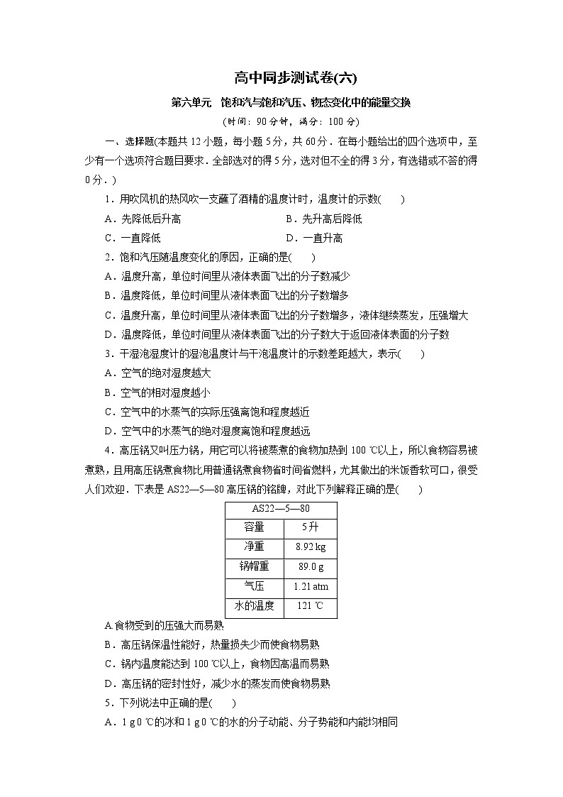 高中同步测试卷·人教物理选修3－3：高中同步测试卷（六） word版含解析第1页