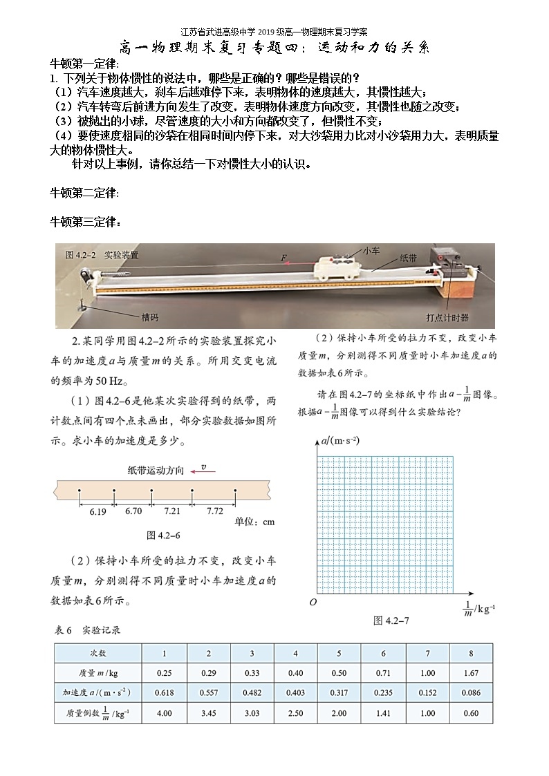 人教版（2019）物理 必修一 期末复习学案 专题四：运动和力的关系（无答案）01