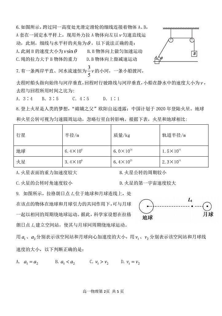 【物理】2020哈三中高一（下）期中试卷02