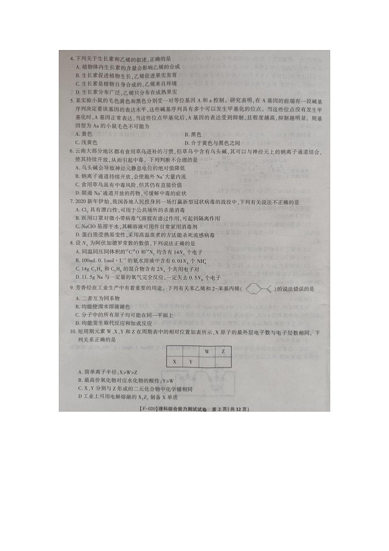 安徽省皖江名校联盟2020届高三第六次联考理综试题（Word版含答案 原卷图片版）02