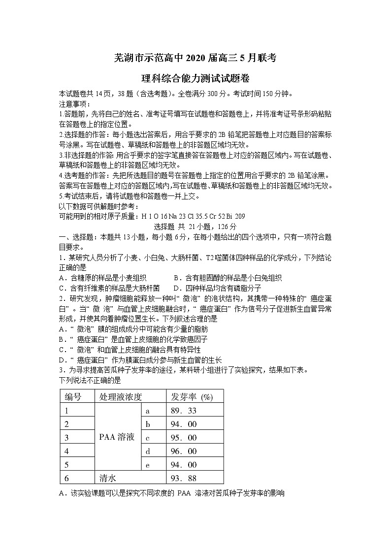 安徽省芜湖市示范高中2020届高三5月联考理科综合试题 （Word版 原卷PDF版含答案）01