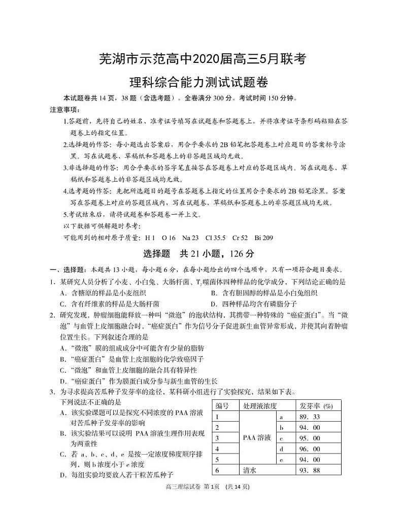 安徽省芜湖市示范高中2020届高三5月联考理科综合试题 （Word版 原卷PDF版含答案）01
