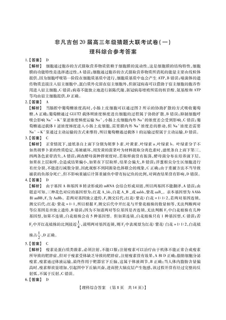 非凡吉创20届高三年级猜题大联考试卷（一）-理综（PDF版有答案）01