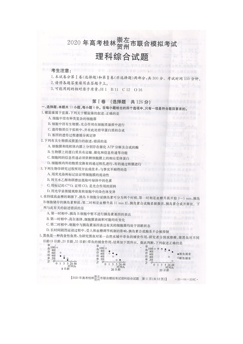 广西桂林、崇左、贺州市2020届高三下学期5月一模考试理综试题 （310C）（Word版 原卷图片版 答案）01