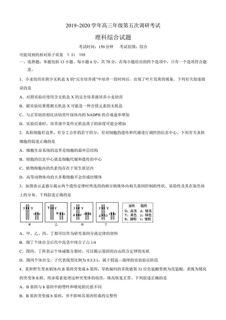 2020届河北省衡水中学高三下第五次月考理综试卷（PDF含答案）01