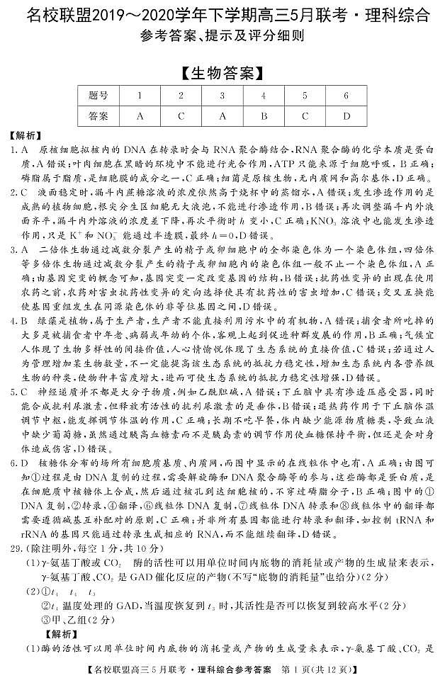 名校联盟2019～2020学年下学期高三5月联考理综含解析 试卷01