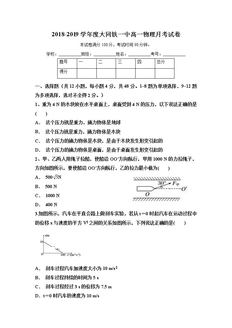 山西省大同市铁路一中2018-2019学年第二学期高一10月月考物理试卷01