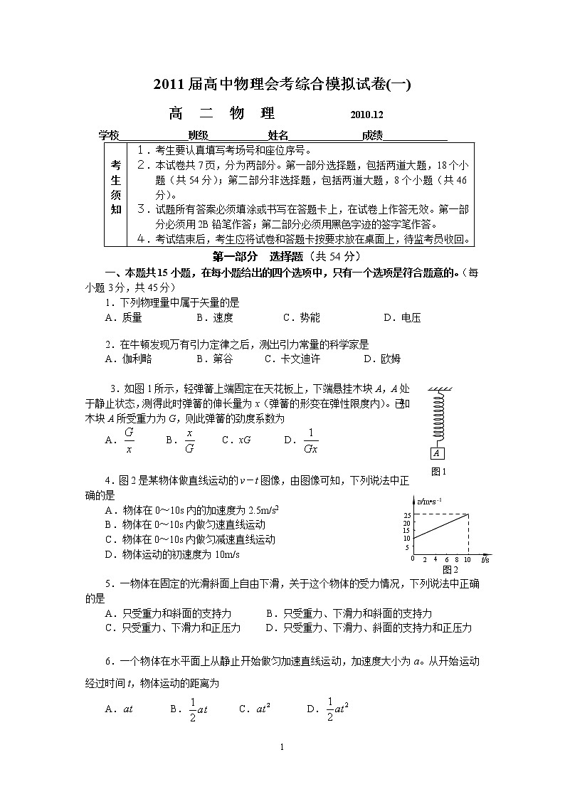 2011届高中物理会考综合模拟试卷(一)第1页