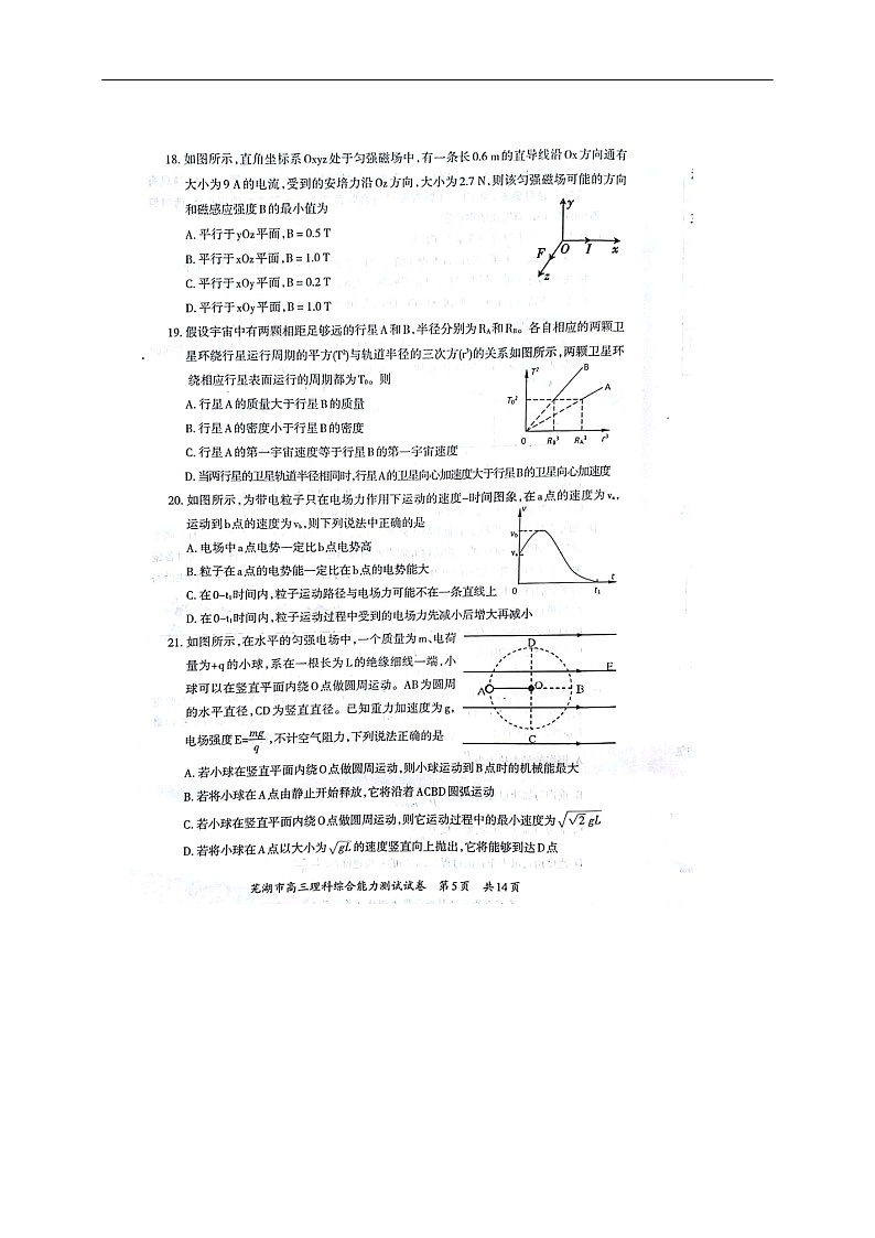安徽省芜湖市2018届高三上学期期末考试（一模）理综物理试题（图片版）第2页