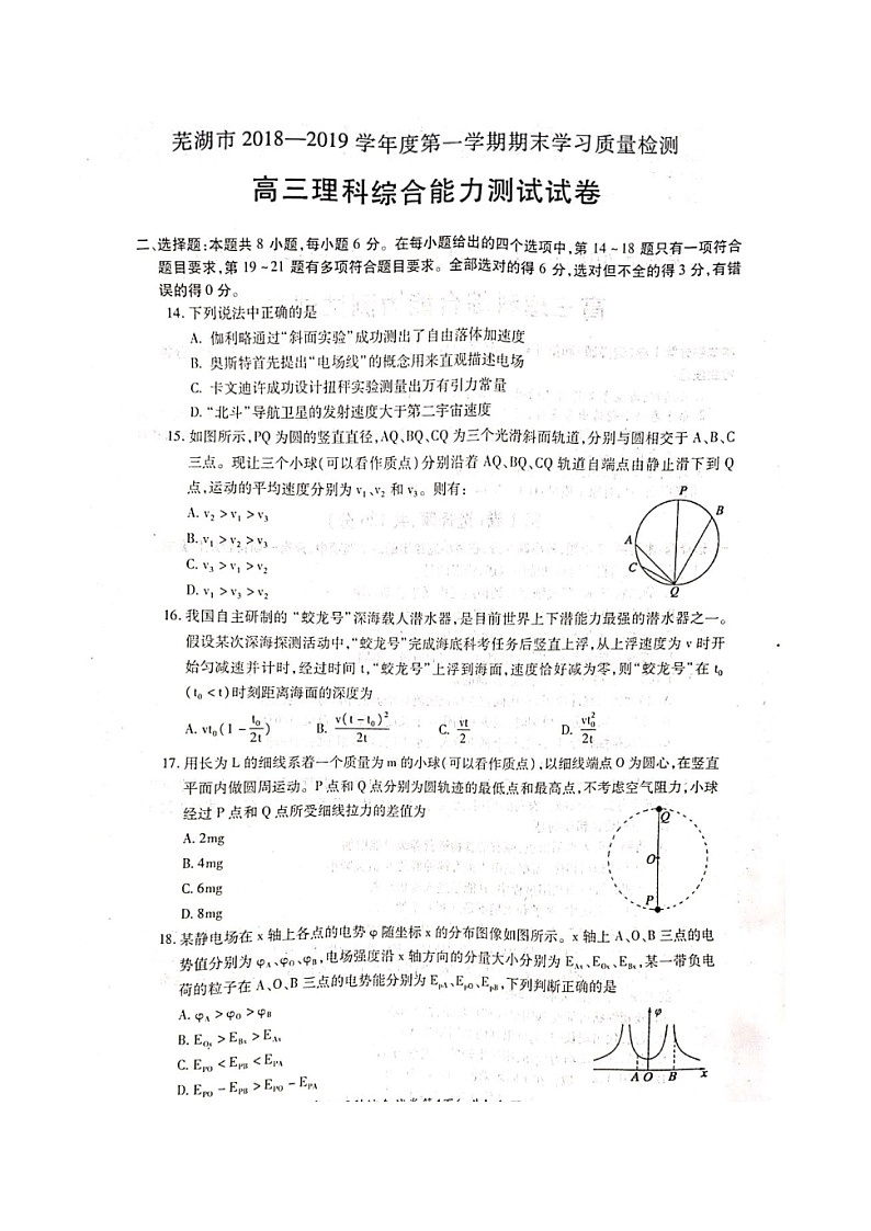 安徽省芜湖市2019届高三上学期期末考试理综物理试题（扫描版）第1页