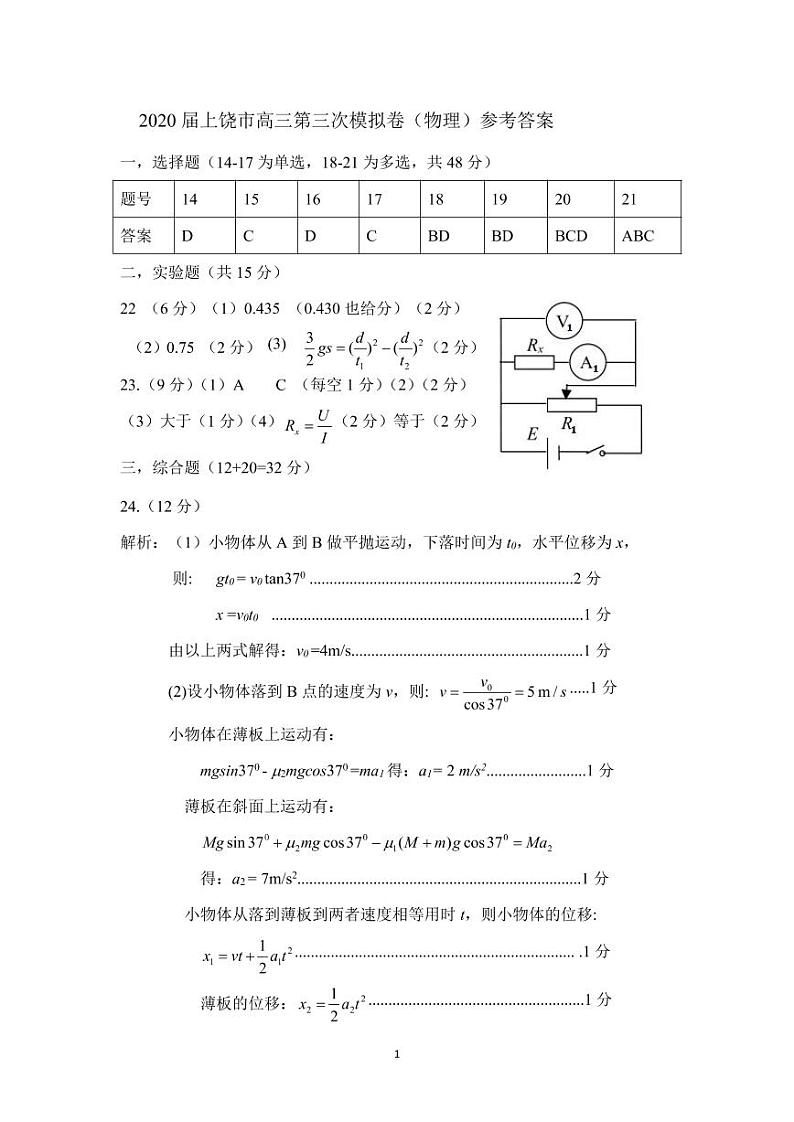 【2020高考物理模拟】江西省上饶市2020届高三5月第三次模拟考试理综物理试题答案01