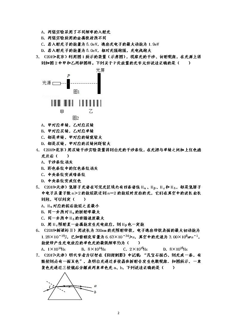 高考物理光学选择题汇编（2019-2014全国各地高考真题共34题有答案）02