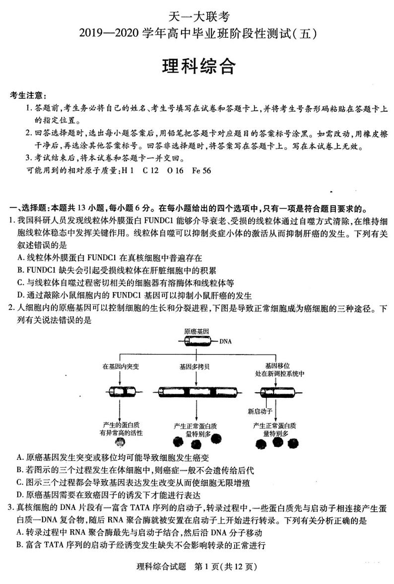 【理综】2020天一大联考测试五01