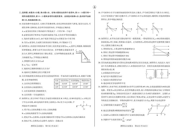 山西省2020届高三高考考前适应性测试(二)理综A卷第3页