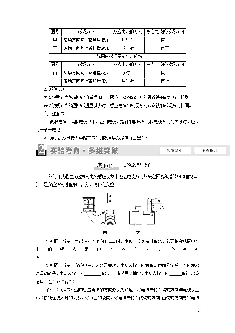 2021届高考物理一轮复习第10章电磁感应实验14探究影响感应电流方向的因素教案（含解析）02