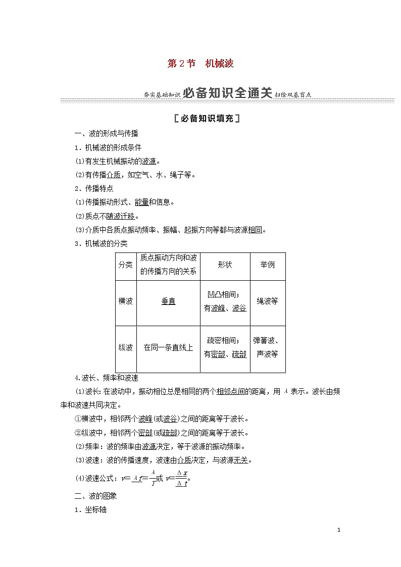 2021届高考物理一轮复习第13章振动波动光电磁波相对论第2节机械波教案（含解析）01