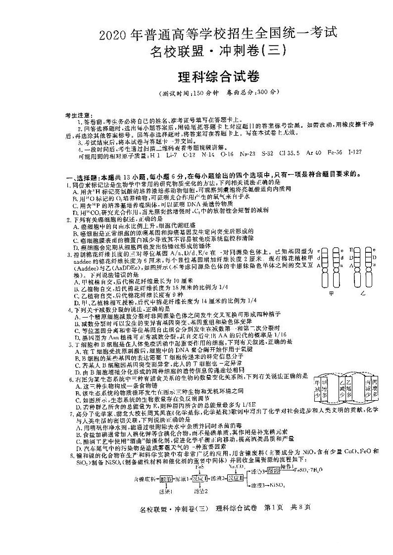 2020年全国Ⅰ卷高三名校联盟·冲刺卷(三)-理科综合含解析01