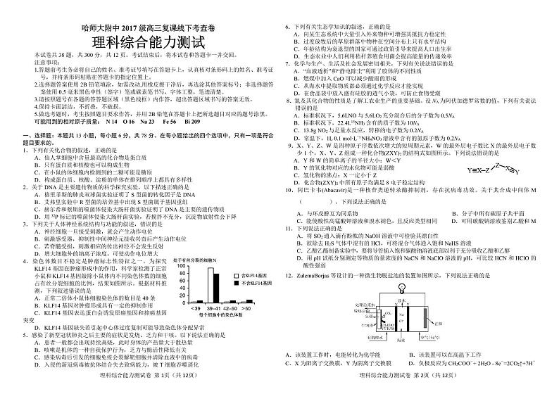 【理综】2020师大附中高三(下)复课线下考查 试卷01