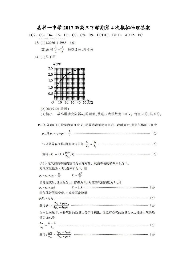 山东省济宁市嘉祥县第一中学2020届高三物理下学期第四模拟考试（考前训练二）试题（PDF）01