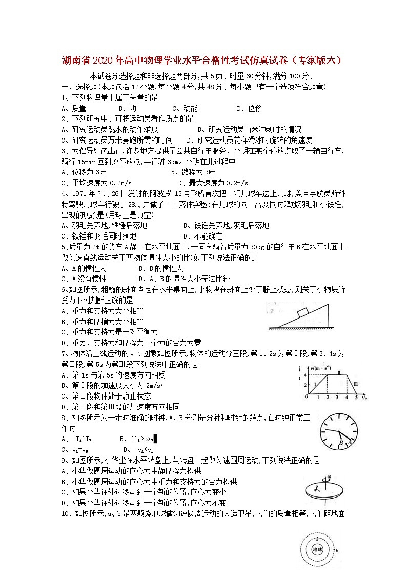湖南省2020年高中物理学业水平合格性考试仿真试卷（专家版六）01
