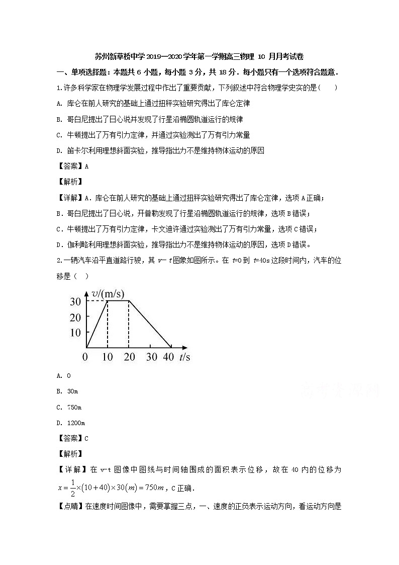 江苏省苏州新草桥中学2020届高三上学期10月月考物理试题01