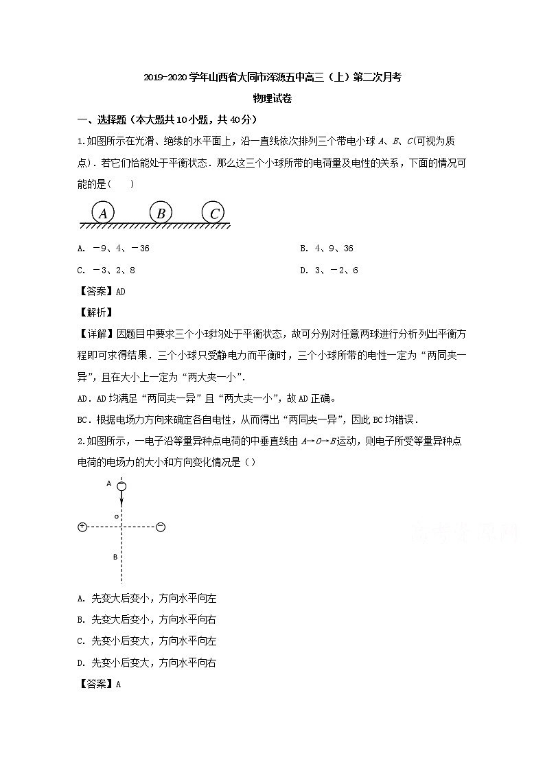 山西省大同市浑源五中2020届高三上学期月考物理试题01