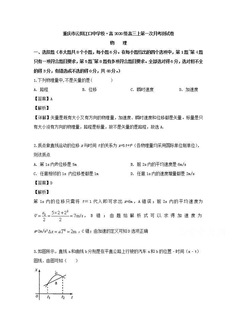 重庆市云阳江口中学2020届高三上学期第一次月考物理试题第1页