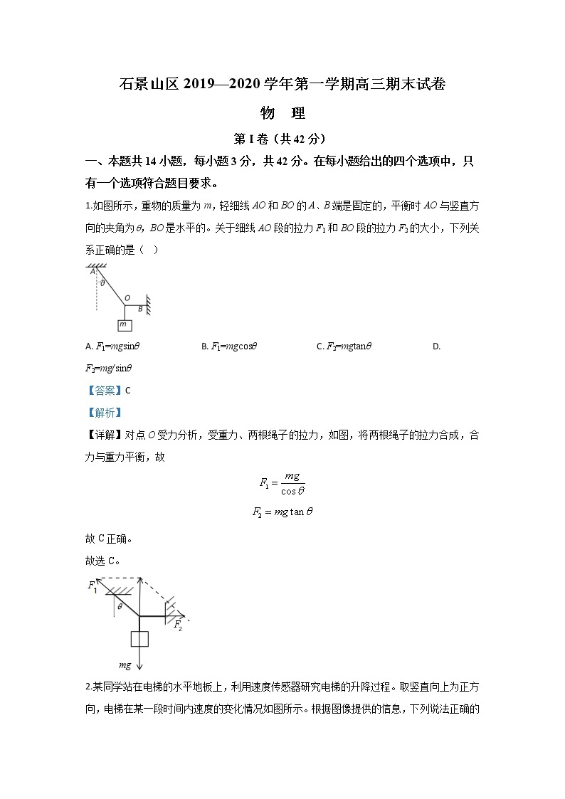 北京市石景山区2020届高三上学期期末考试物理试题01