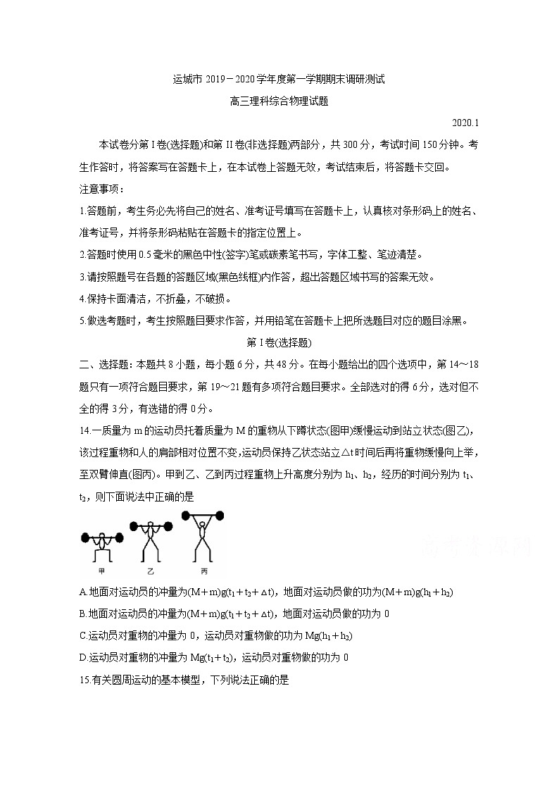 山西省运城市2020届高三上学期期末调研测试 物理01