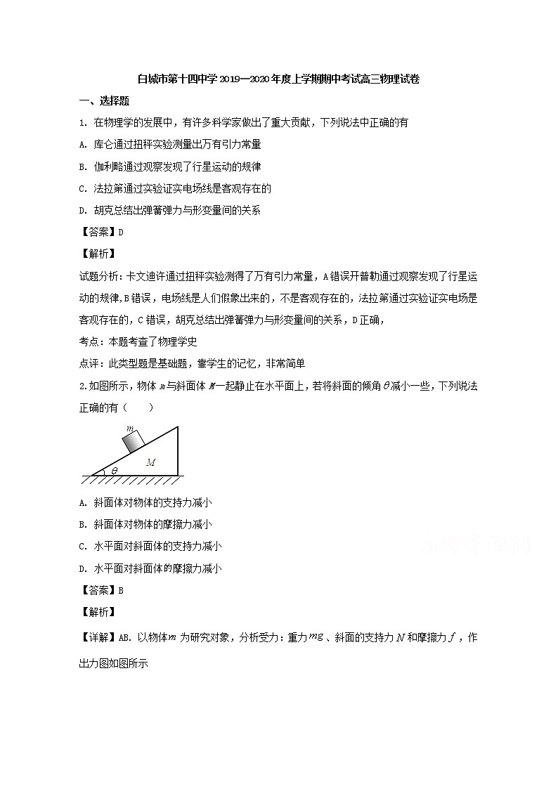 吉林省白城市第十四中学2020届高三上学期期中考试物理试题01