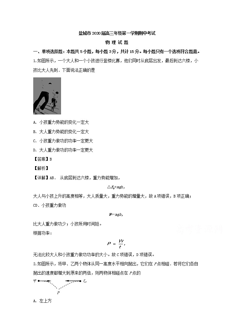 江苏省盐城市2020届高三上学期期中考试物理试题01