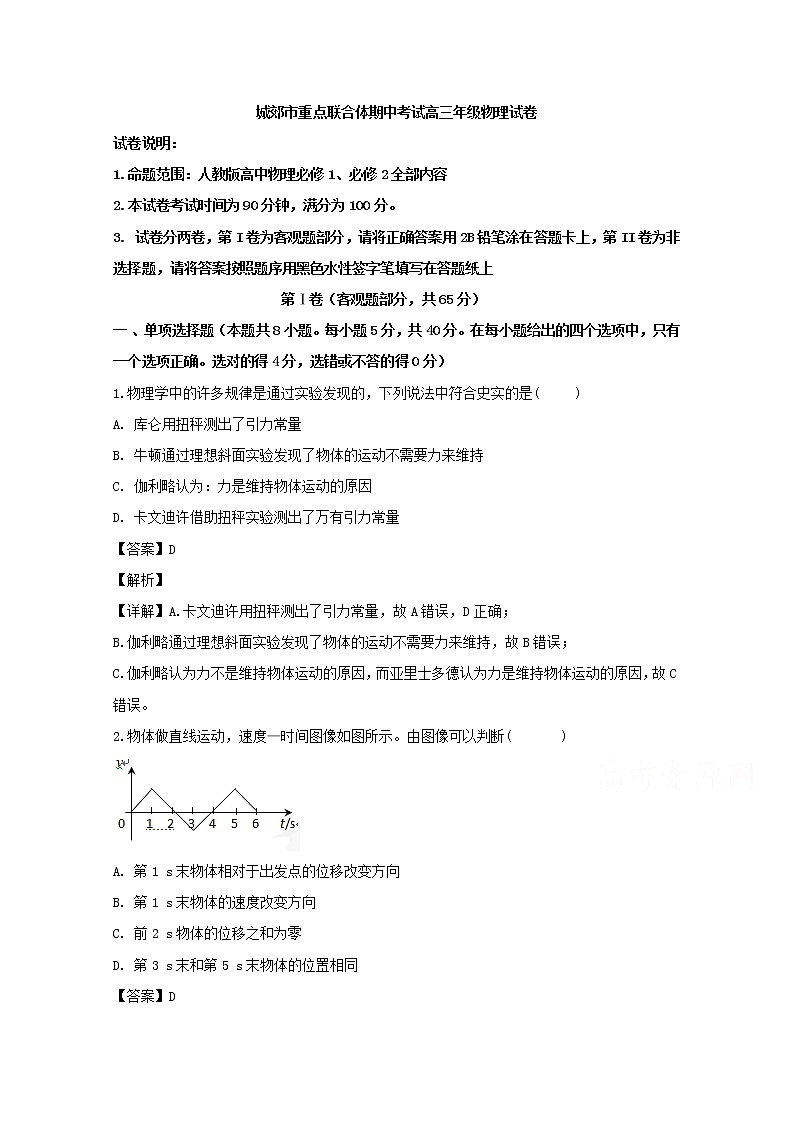 辽宁省沈阳市重点联合体2020届高三上学期期中考试物理试题01