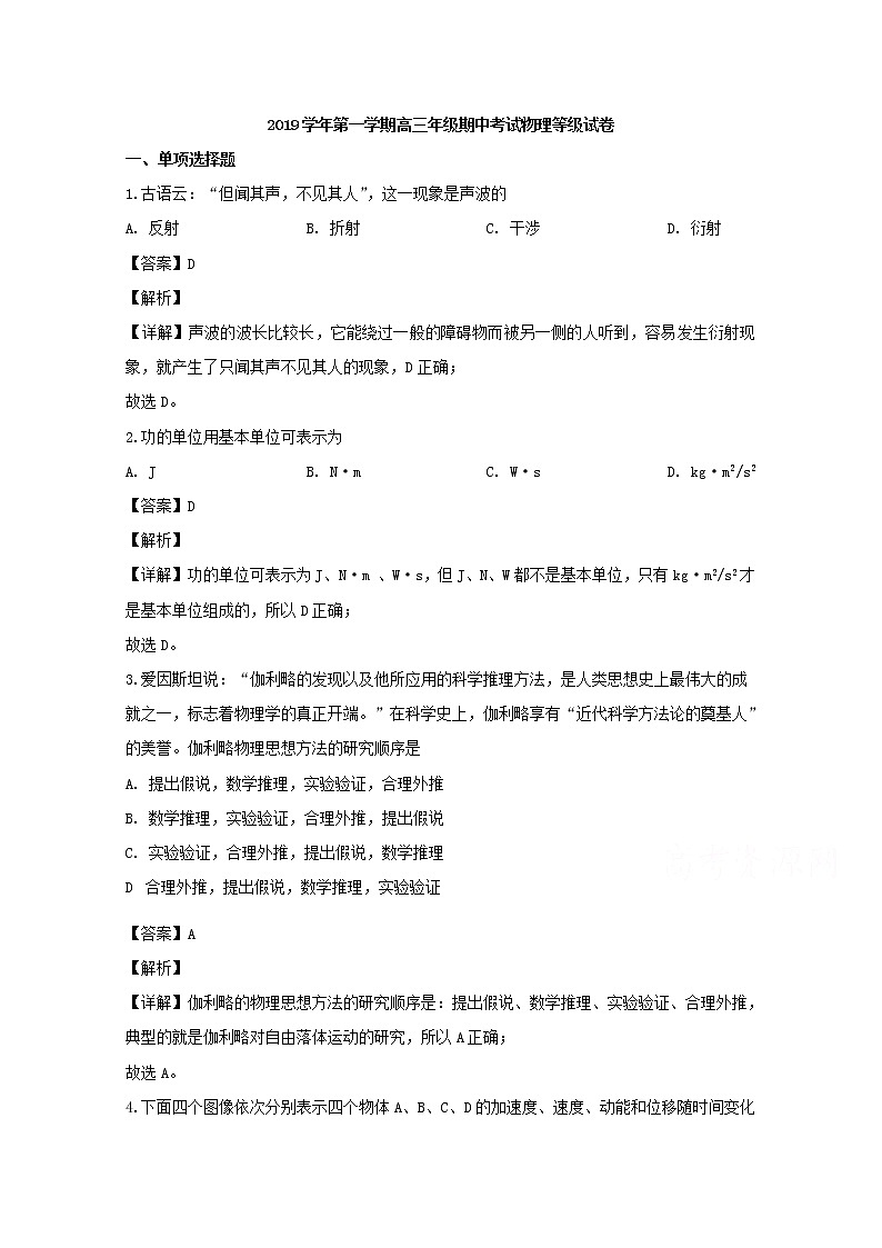上海市鲁迅中学2020届高三上学期期中等级考试物理试题第1页