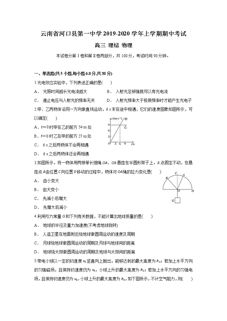 云南省河口县第一中学2020届高三上学期期中考试物理试题01