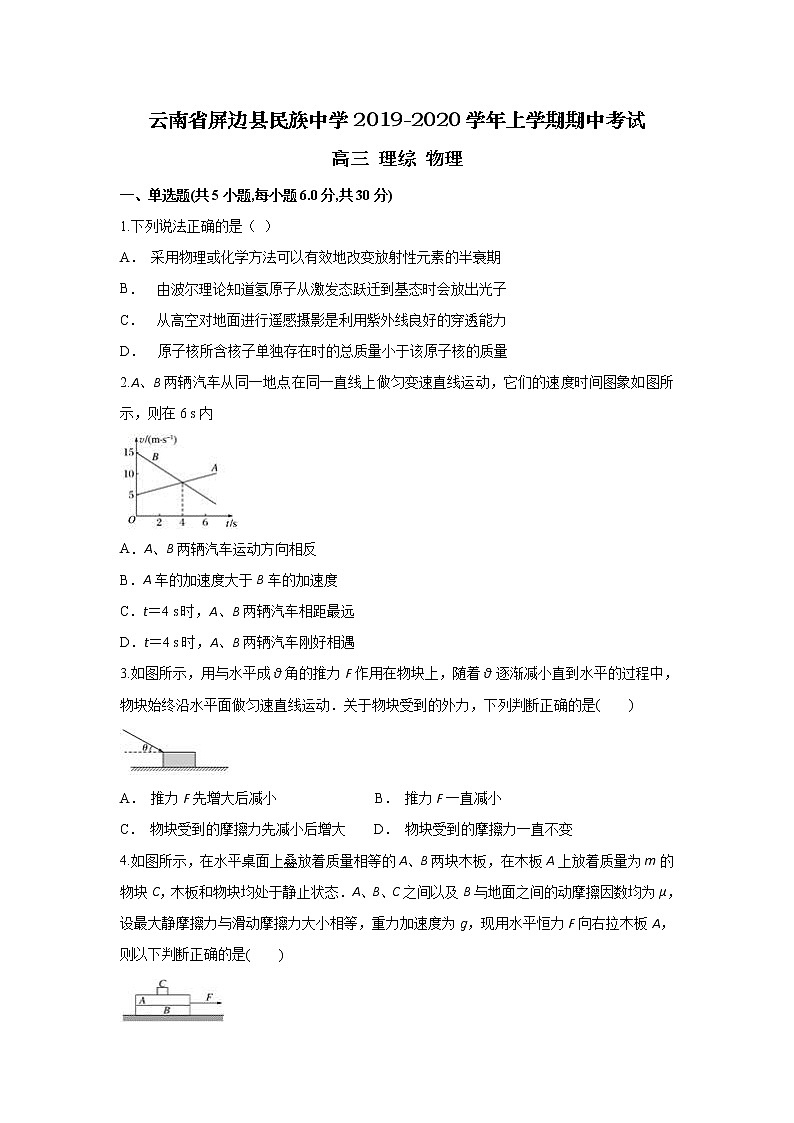 云南省屏边县民族中学2020届高三上学期期中考试物理试题第1页