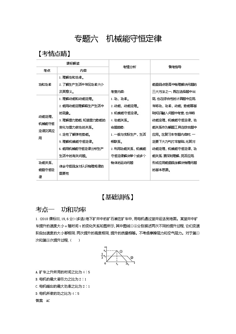 2021年高考一轮复习考点集训  物理(湖南省专用)专题六　机械能守恒定律（含答案）01
