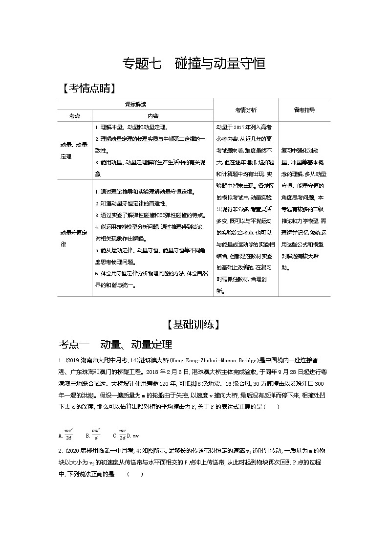 2021年高考一轮复习考点集训  物理(湖南省专用)专题七　碰撞与动量守恒01