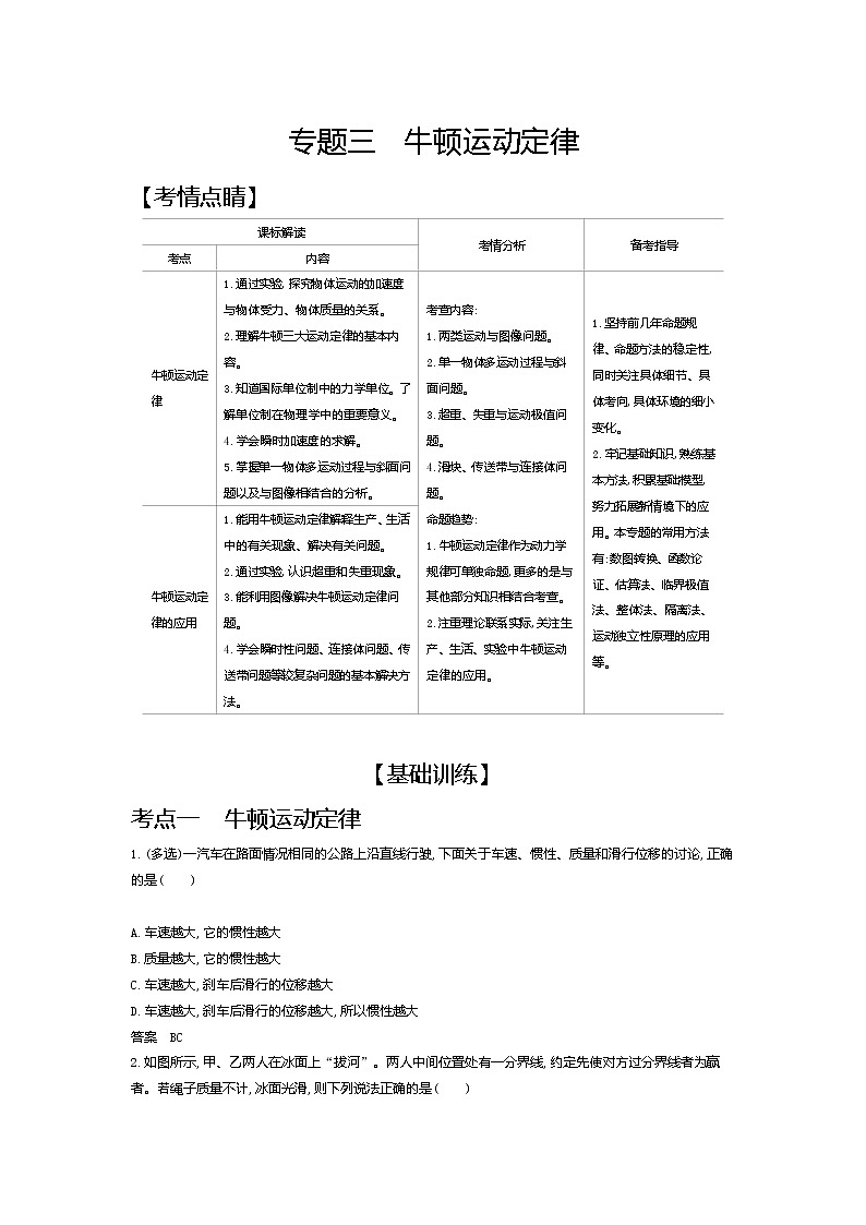 2021年高考一轮复习考点集训  物理(湖南省专用)专题三　牛顿运动定律（含答案）01