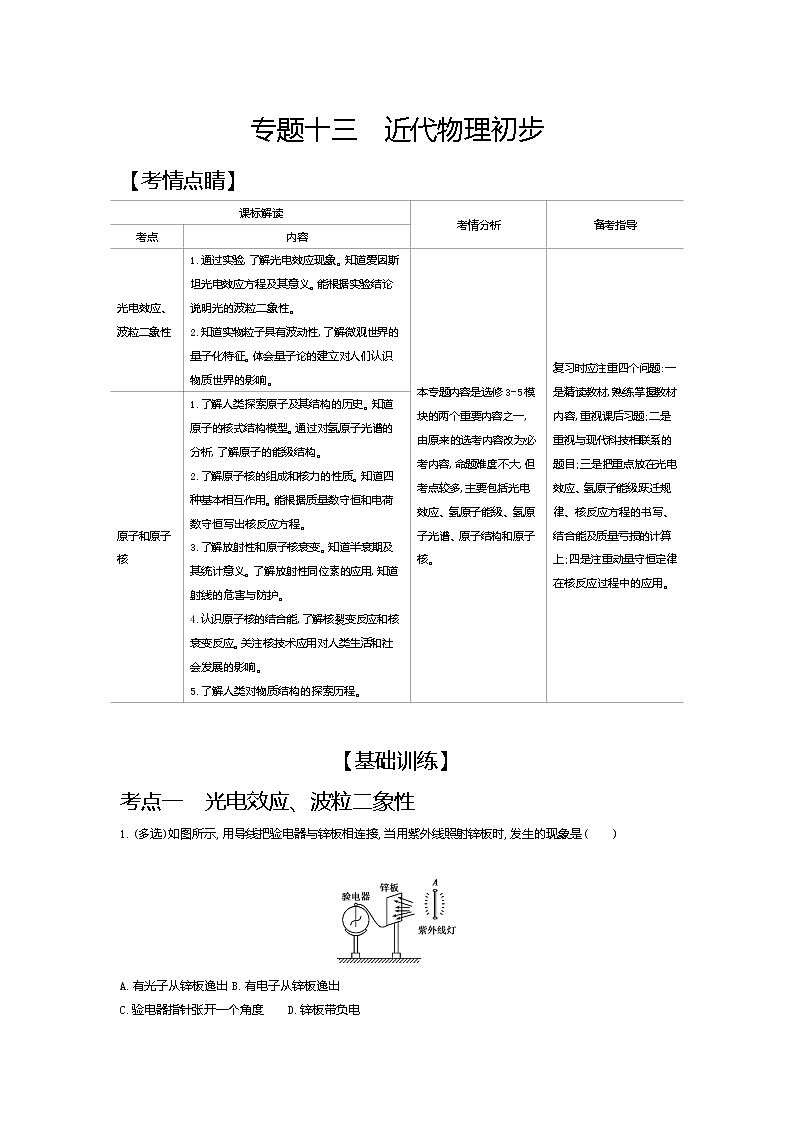 2021年高考一轮复习考点集训  物理(湖南省专用)专题十三　近代物理初步（含答案）01