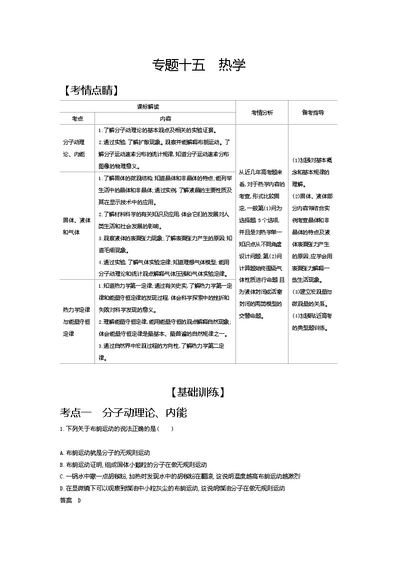 2021年高考一轮复习考点集训  物理(湖南省专用)专题十五　热学（含答案）01