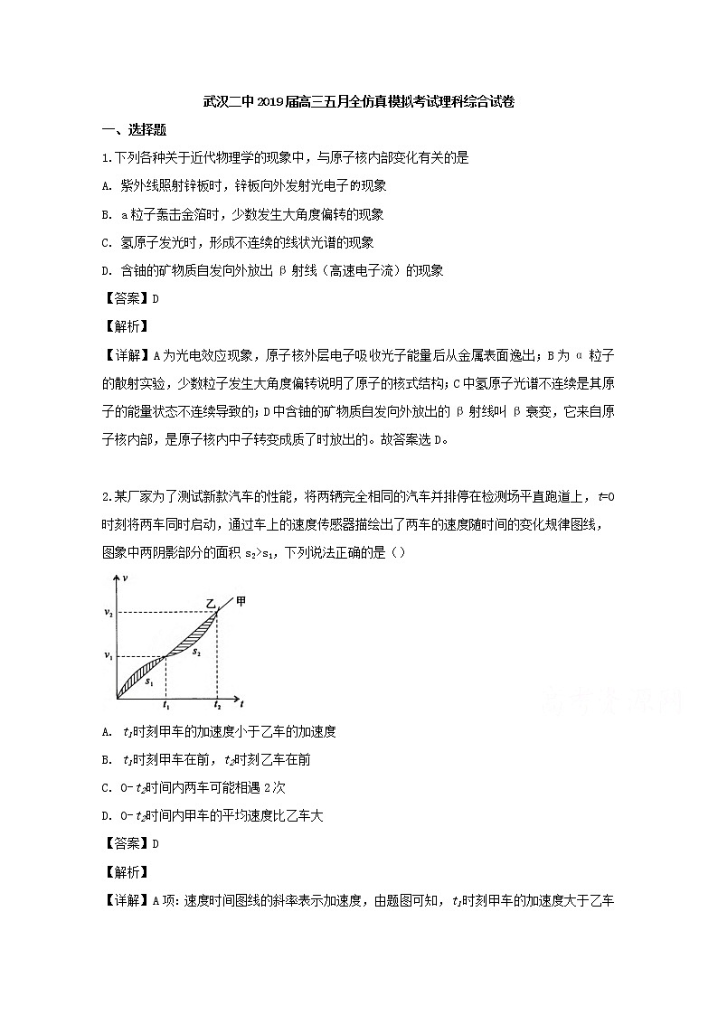 湖北省武汉市二中2019届高三三模考试理综物理试题01
