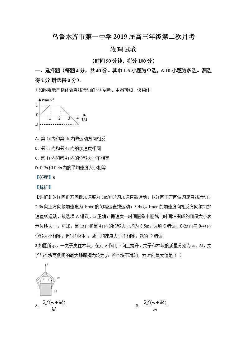 新疆乌鲁木齐市第一中学2019届高三月考物理试题01