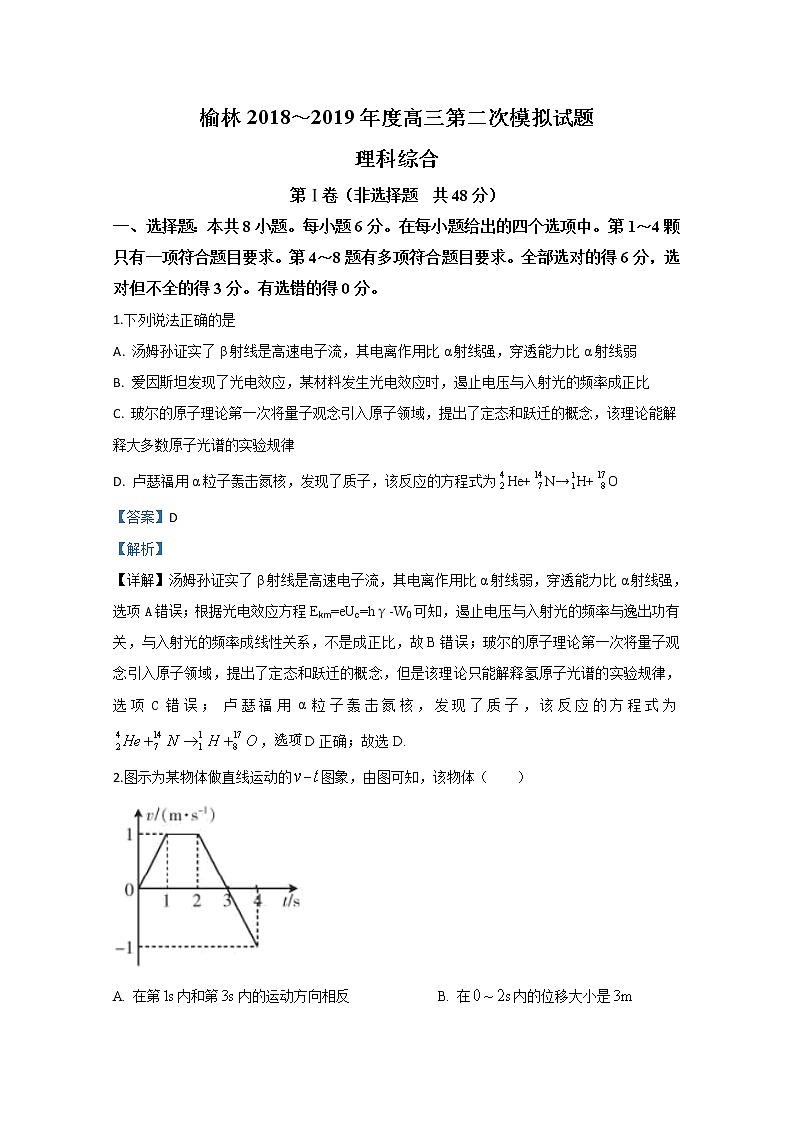 陕西省榆林市2019届高三模拟测试物理试题01
