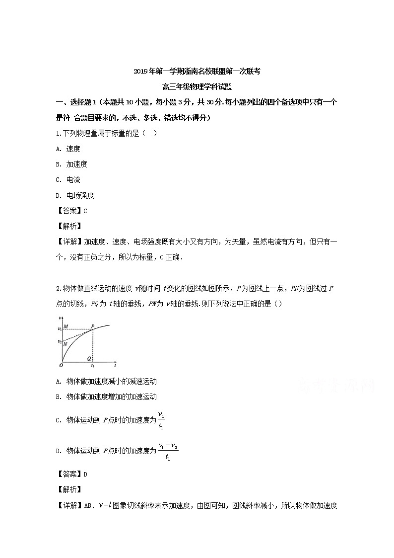 浙江省浙南名校联盟2020届高三上学期第一次联考物理试题01