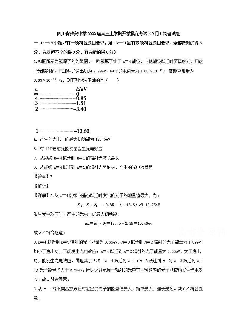 四川省雅安中学2020届高三上学期开学摸底考试（9月）物理试题01