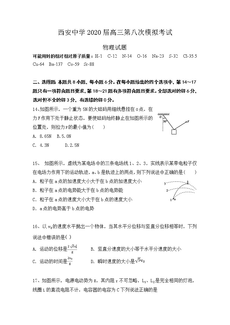 陕西省西安中学2020届高三第八次模拟考试物理试题01
