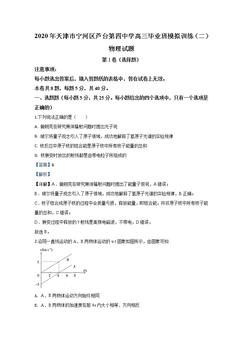 天津市宁河区芦台第四中学2020届高三模拟训练物理试题（二）01