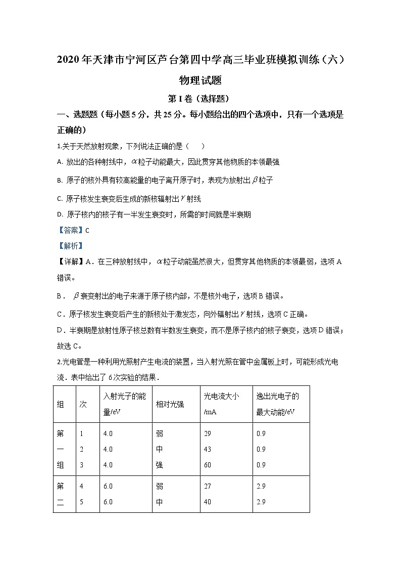 天津市宁河区芦台第四中学2020届高三模拟训练物理试题（六）01