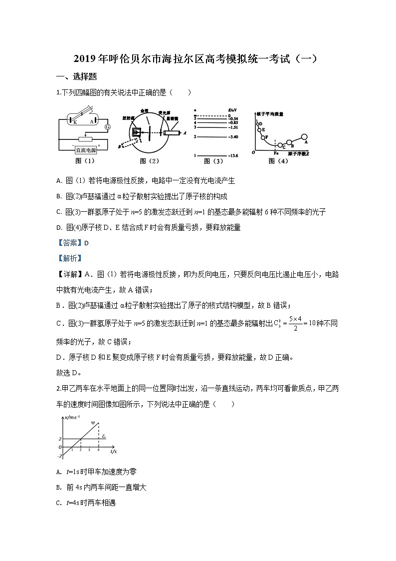 内蒙古呼伦贝尔市海拉尔区2020届高三高考模拟统物理试题（一）第1页